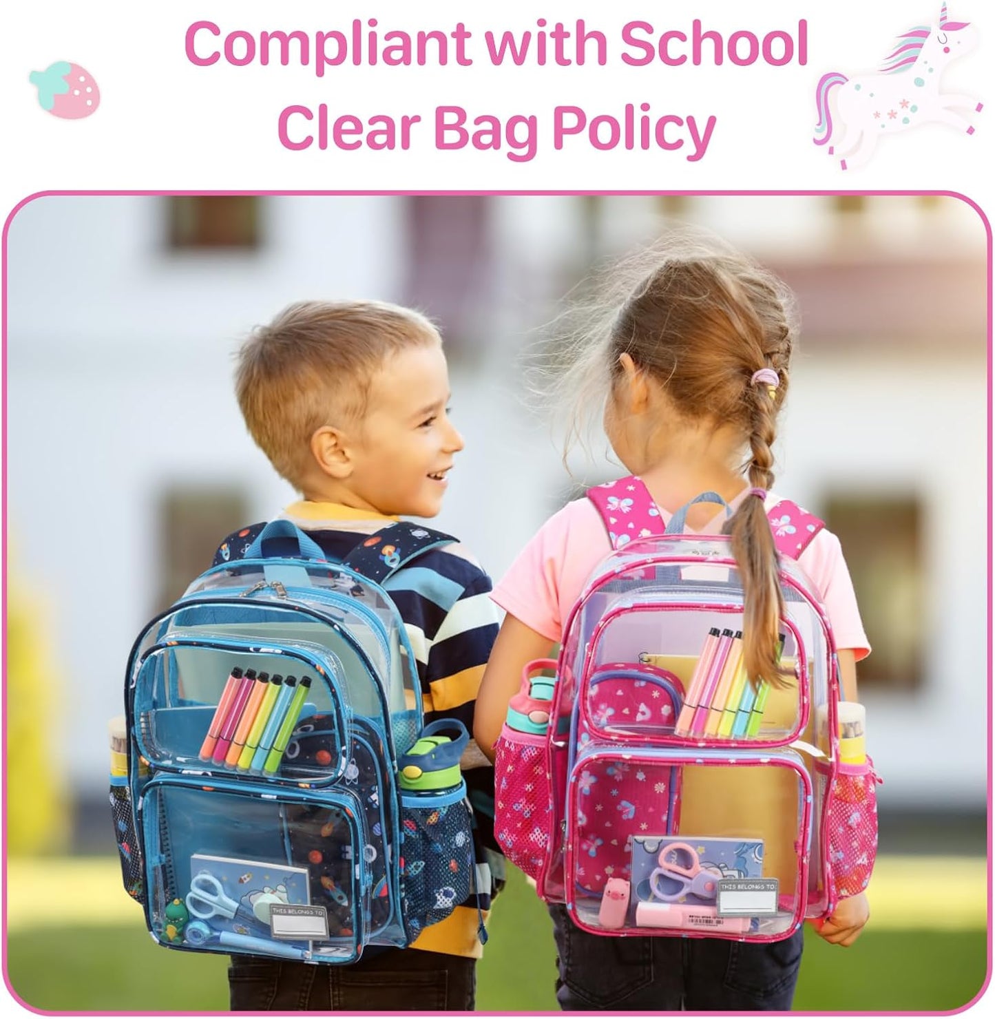 Bagseri Clear Backpack for Girls - 15 Inch Clear Bookbag for Kids Aged 3 to 8 Heavy Duty Transparent Backpack for School, Cute See Through Bag with Reflective Strip, Rose Pink Butterfly