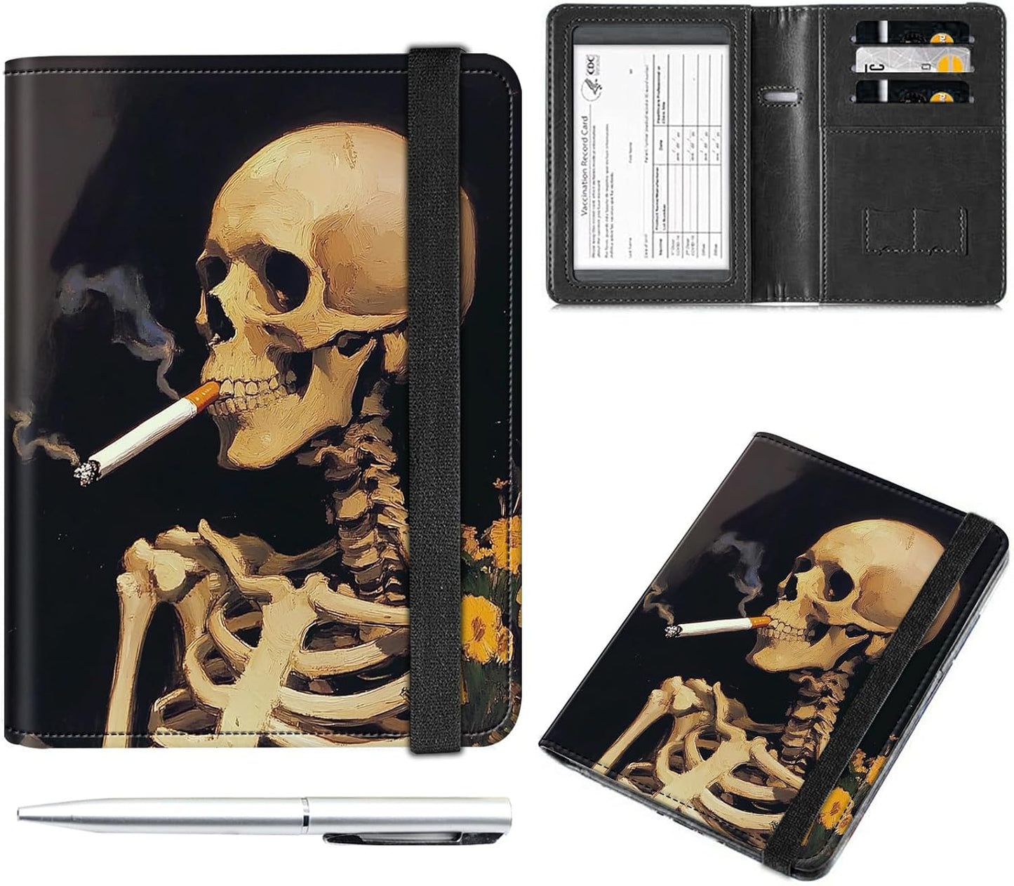 Passport and Vaccine Card Holder Cover Combo,Travel Passport Holder Wallet with RFID Blocking, Leather Vaccine Card Slot Passport Cover Case for Women & Men,A Smoking Skeleton