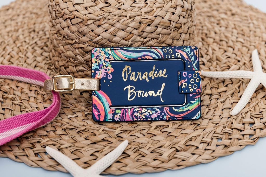 Lilly Pulitzer Leatherette Luggage Tag with Secure Strap, Colorful Suitcase Identifier for Travel