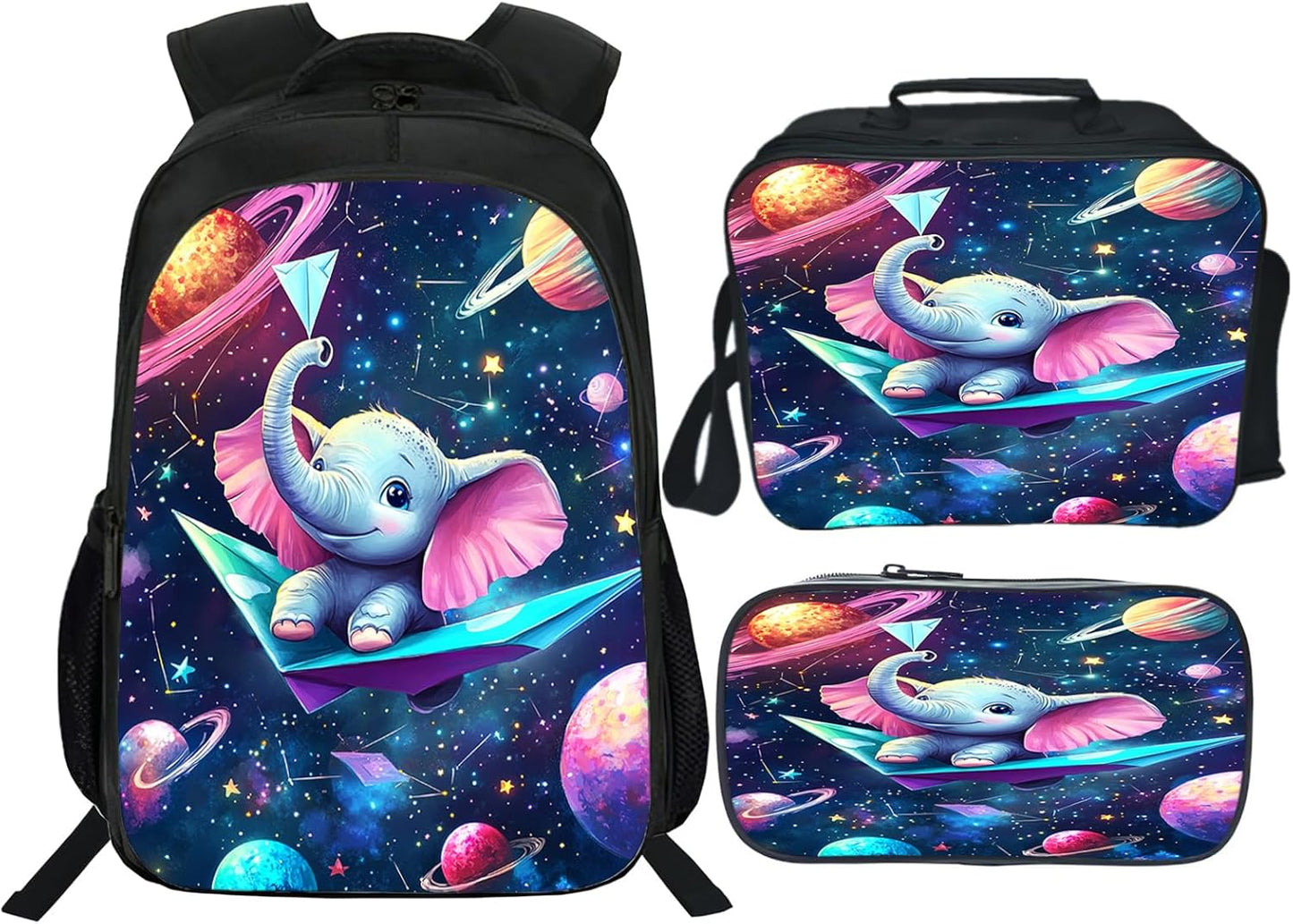 Funny Elephant Backpack Space Galaxy School Bag 3PCS Backpack 16 Inch with Lunch Bag Set Lightweight for Teen Boys Girls Kids Elementary Middle School