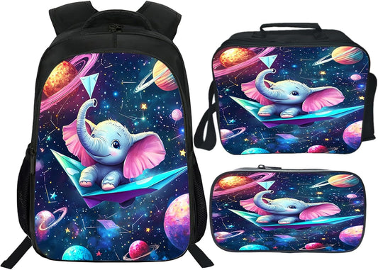 Funny Elephant Backpack Space Galaxy School Bag 3PCS Backpack 16 Inch with Lunch Bag Set Lightweight for Teen Boys Girls Kids Elementary Middle School