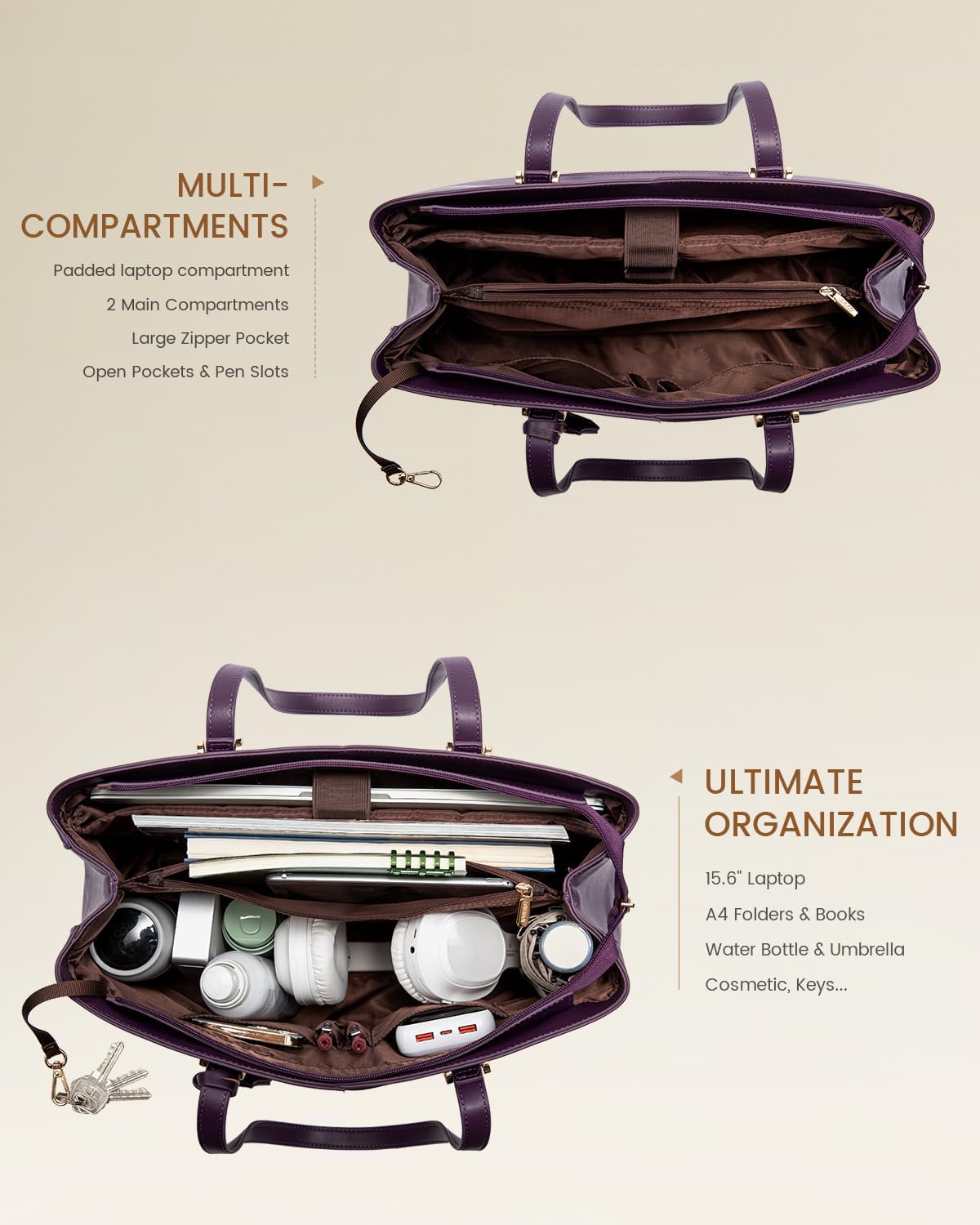 LOVEVOOK 17.3 Inch Laptop Tote Bag for Women, Teacher Work Tote Bags Laptop Bag, Leather Computer Bag Large Purses Handbag Professional Briefcase, Purple