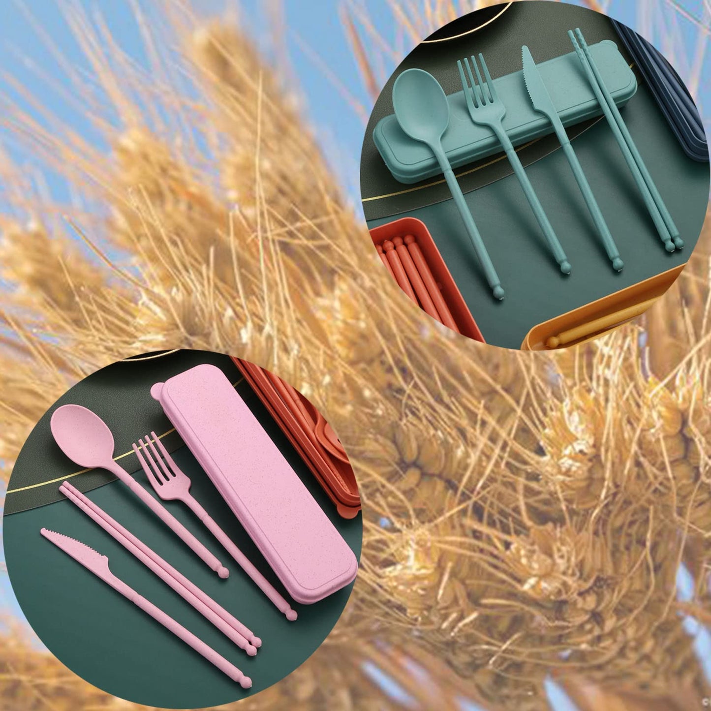 8 Colors Portable Utensils Sets with Case, Wheat Straw Cutlery Set, Reusable Travel Flatware Set