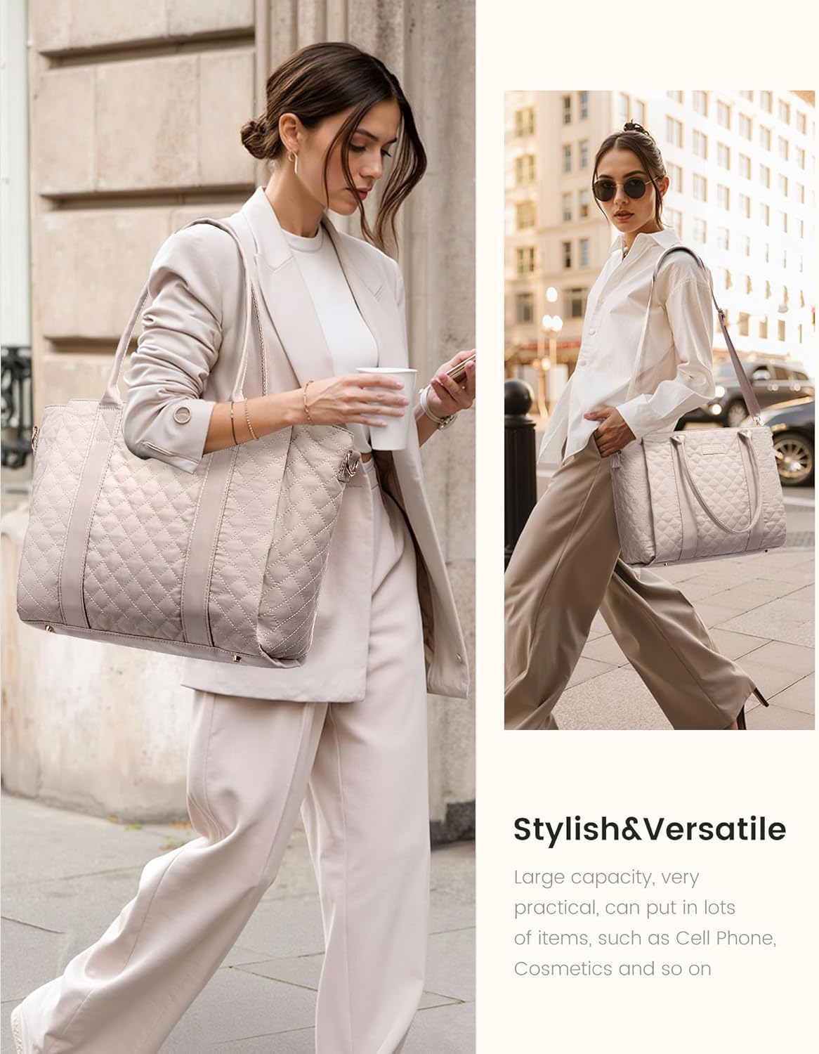 LOVEVOOK Laptop Bag for Women，Work Bag Teacher Tote Bag With Large Cup Holder, Quilted Crossbody bag with Zipper for Travel