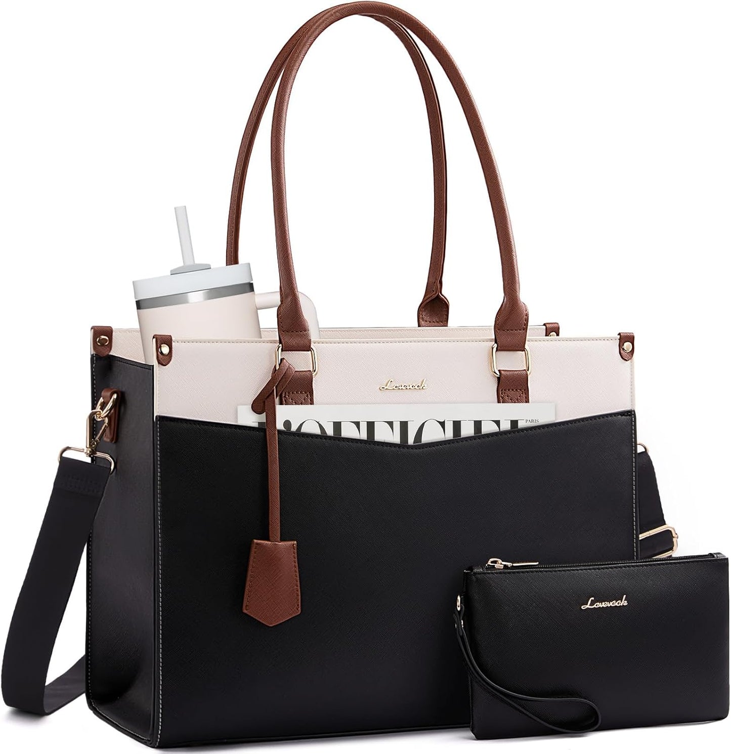 LOVEVOOK Laptop Bag for Women, 2-in-1 Tote Purse with Clutch & Cup Holder, Waterproof Briefcase for Work Travel