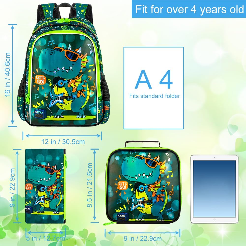 16" Dinosaur Backpack for Boy, 3Pcs Kids School Bookbag for Elementary Preschool Kindergarten