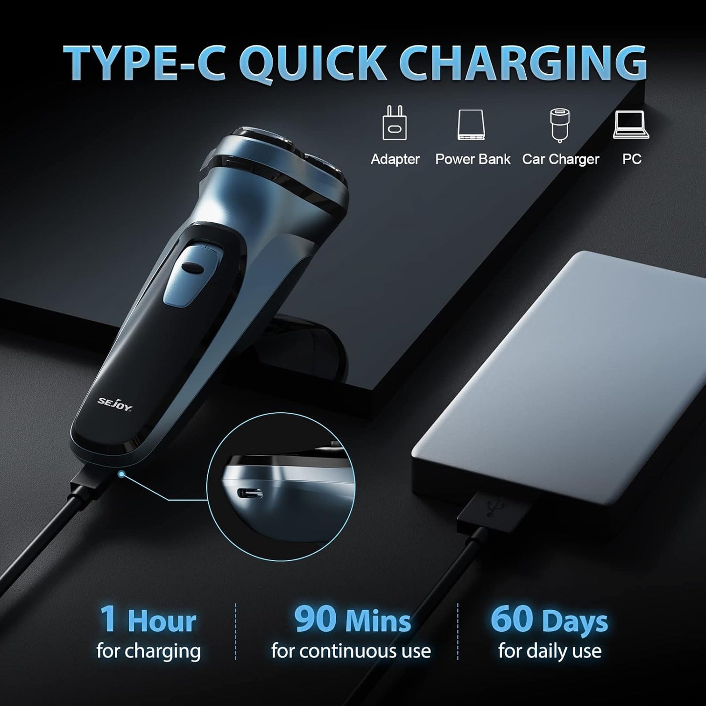 Sejoy Electric Razor for Men, Mens Electric Shavers, Rechargeable Electric Razor Shaving Machines, with Pop-up Trimmer, 1 Hour Fast Charging, 3D Floating Head, LCD Power Indicator