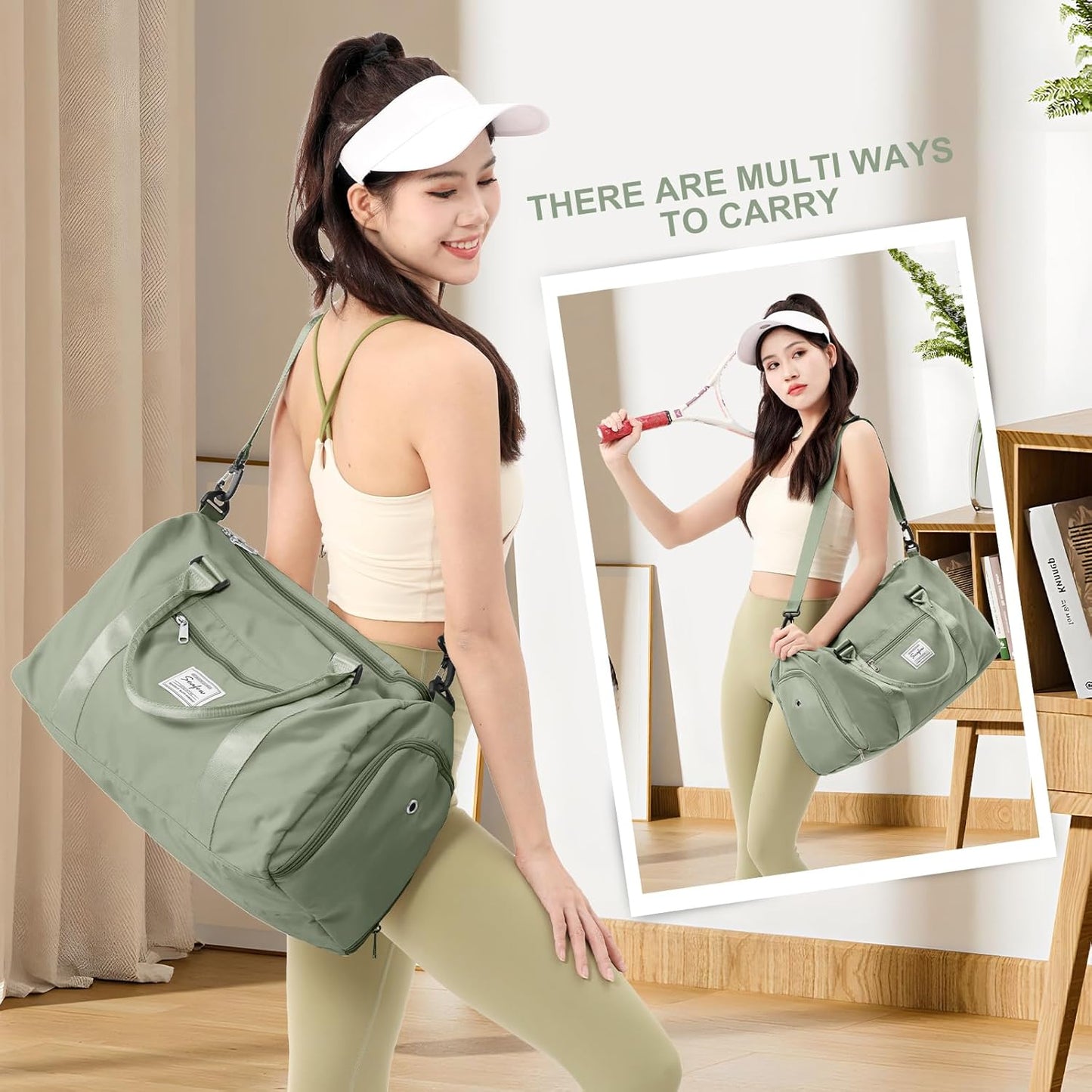 Gym Bag for Women with Shoes Compartment,Small Duffel Bag Sport bag with Toiletry Bag Overnight Travel Tote Bags Weekender Carry on Bag Personal Item Bags for Airlines Grey Green