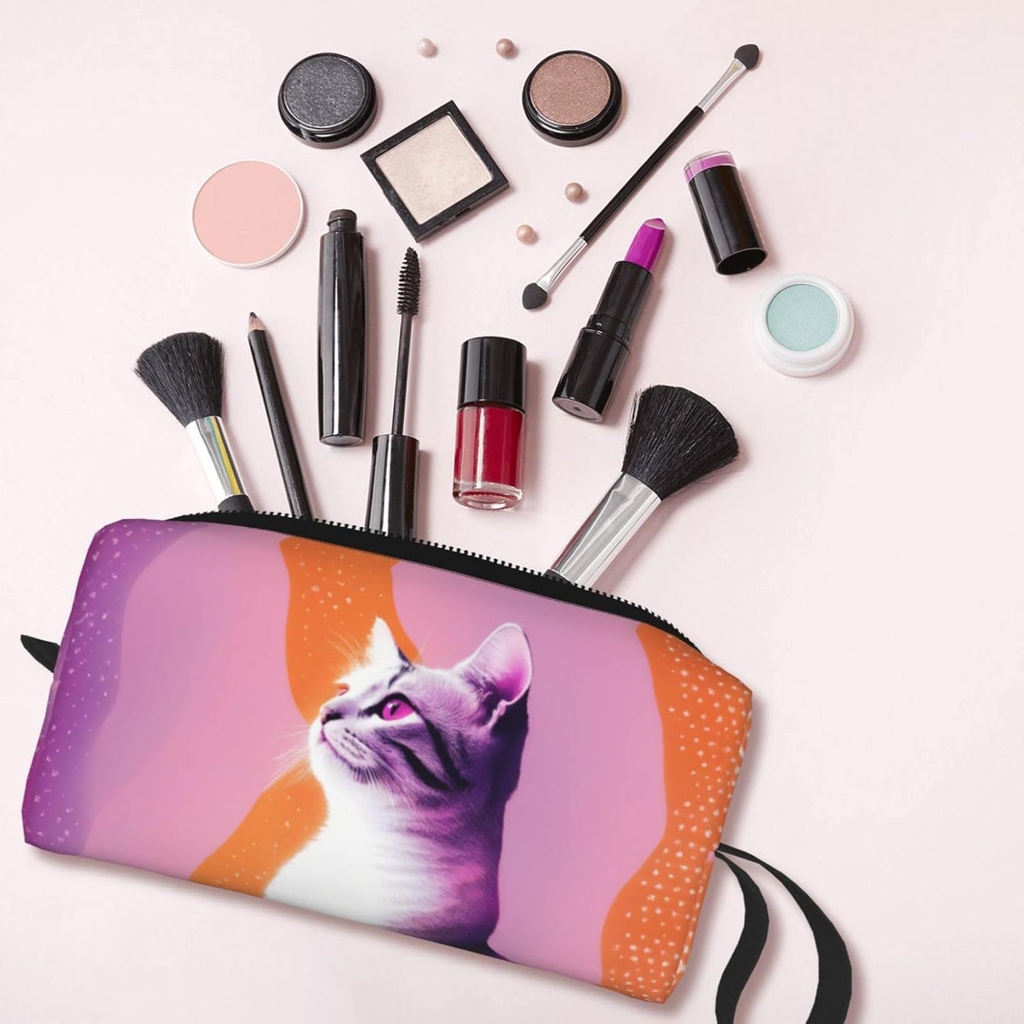 Adorable Purple Cat Makeup Bag Small Compact & Durable Travel Cosmetic Bag Organizer Oxford Fabric Multi-Purpose Storage Perfect for Travel, Gym, Daily Use