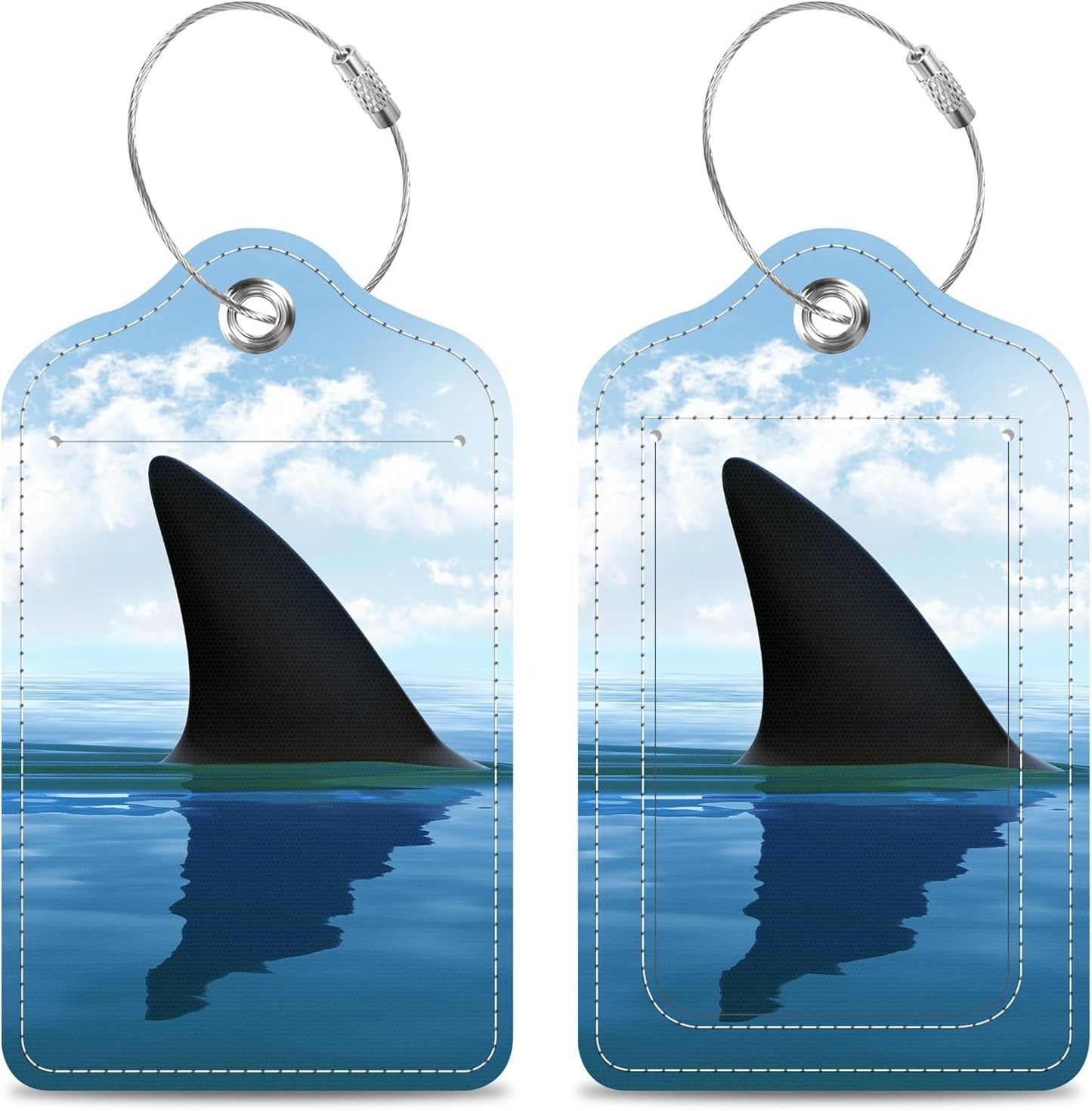 Shark Fin Above Water Luggage Tags 2PCS PU Leather Suitcases Tag with Stainless Steel Loop and Privacy Name Address Cover Label Card for Women Men Travel