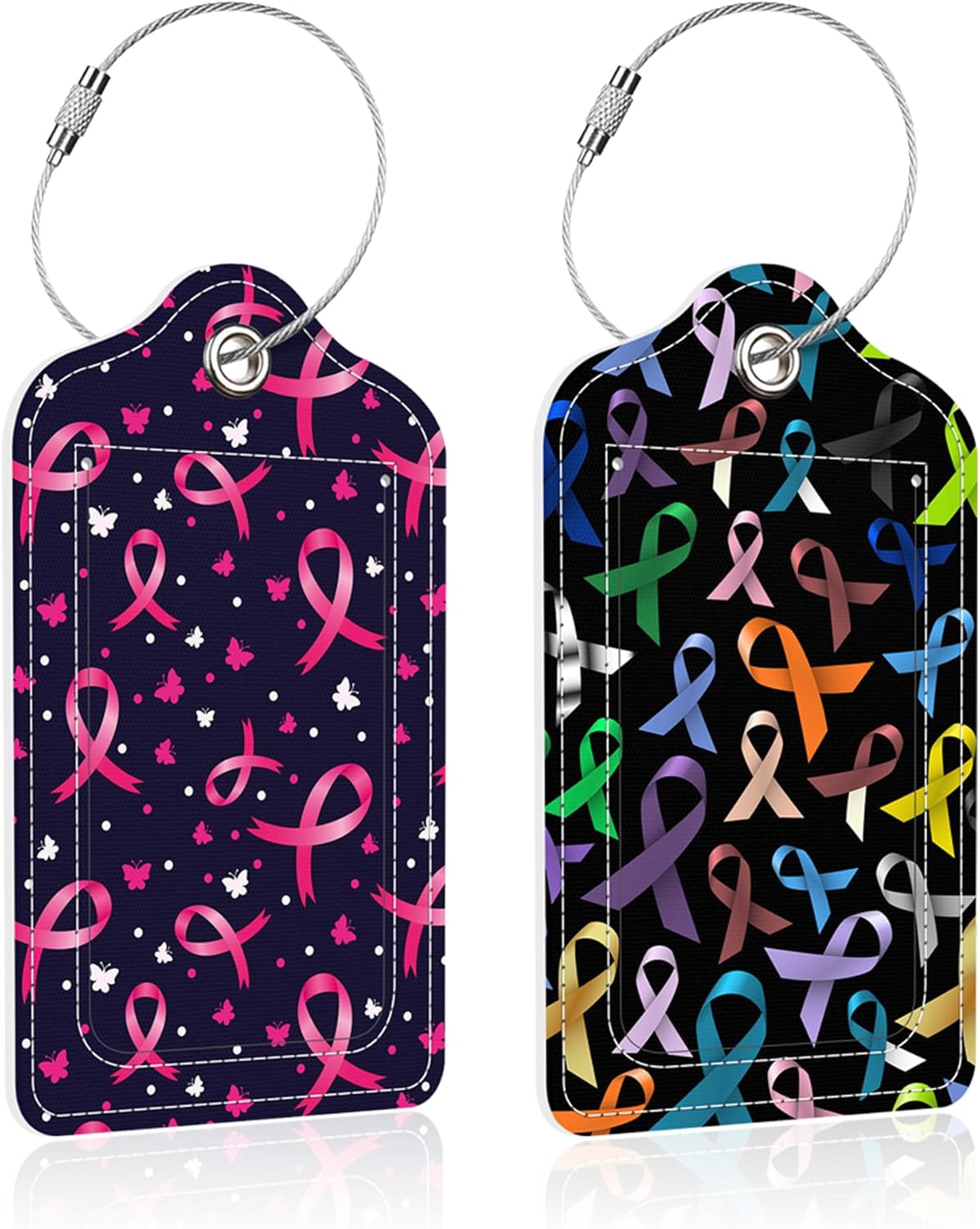 2 Pack Pink Ribbons Luggage Tag for Suitcase,Shiny Ribbons PU Leather Suitcase Tags Identifiers with Privacy Name Address Labels and Steel Loop for Women Men Travel