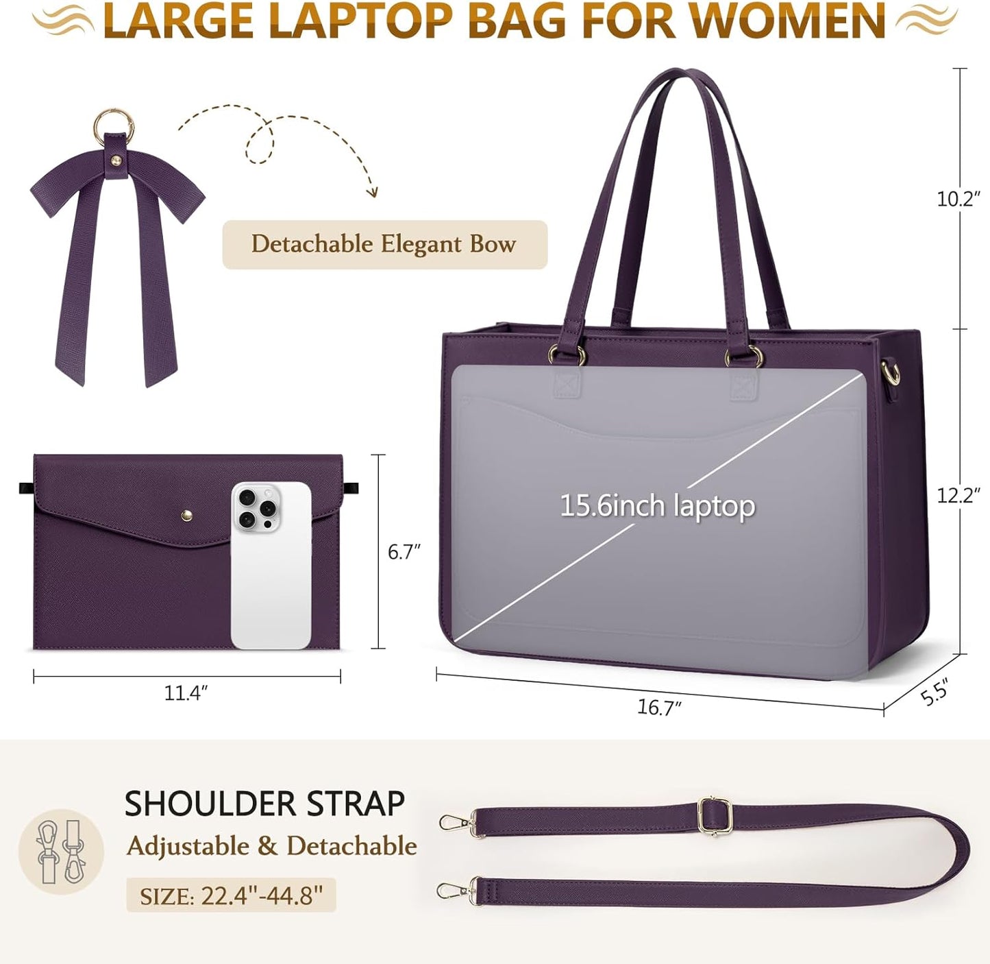 RAINSMORE Laptop Bag for Women 15.6 Inch Work Tote Bags Leather Laptop Tote Waterproof Computer Bag Professional Office Business Briefcase Large Handbag for College Teacher Travel, Purple