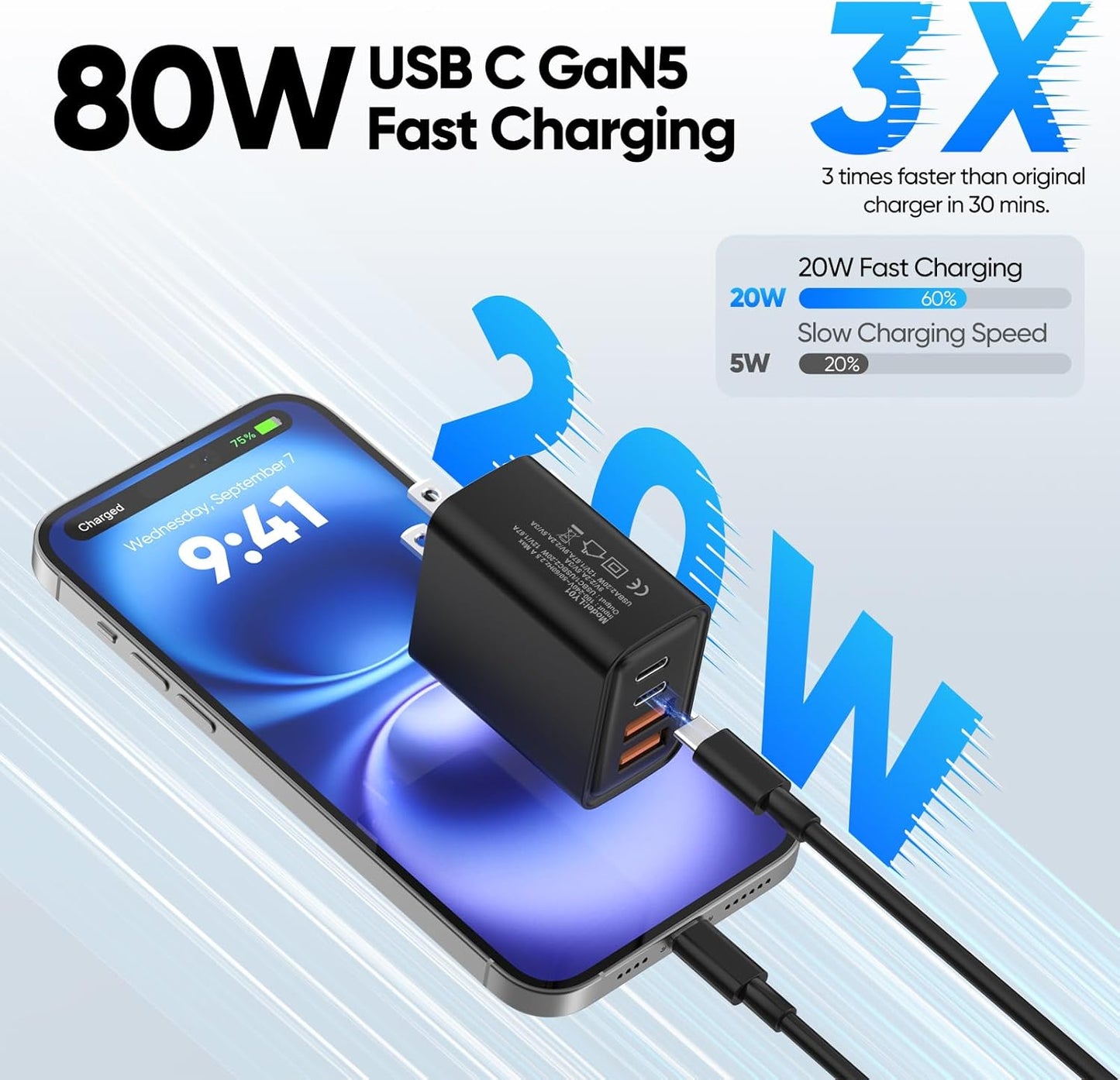 [2-Pack] USB C Wall Charger,80W 4-Port Type C Fast Charging Block,USBC Multiport Wall Plug PD20W&QC20W GaN Charging Cube with 6.6FT USB C Cable for iPhone 17/16/15/14Pro Max/XS/XR, Samsung(Block)