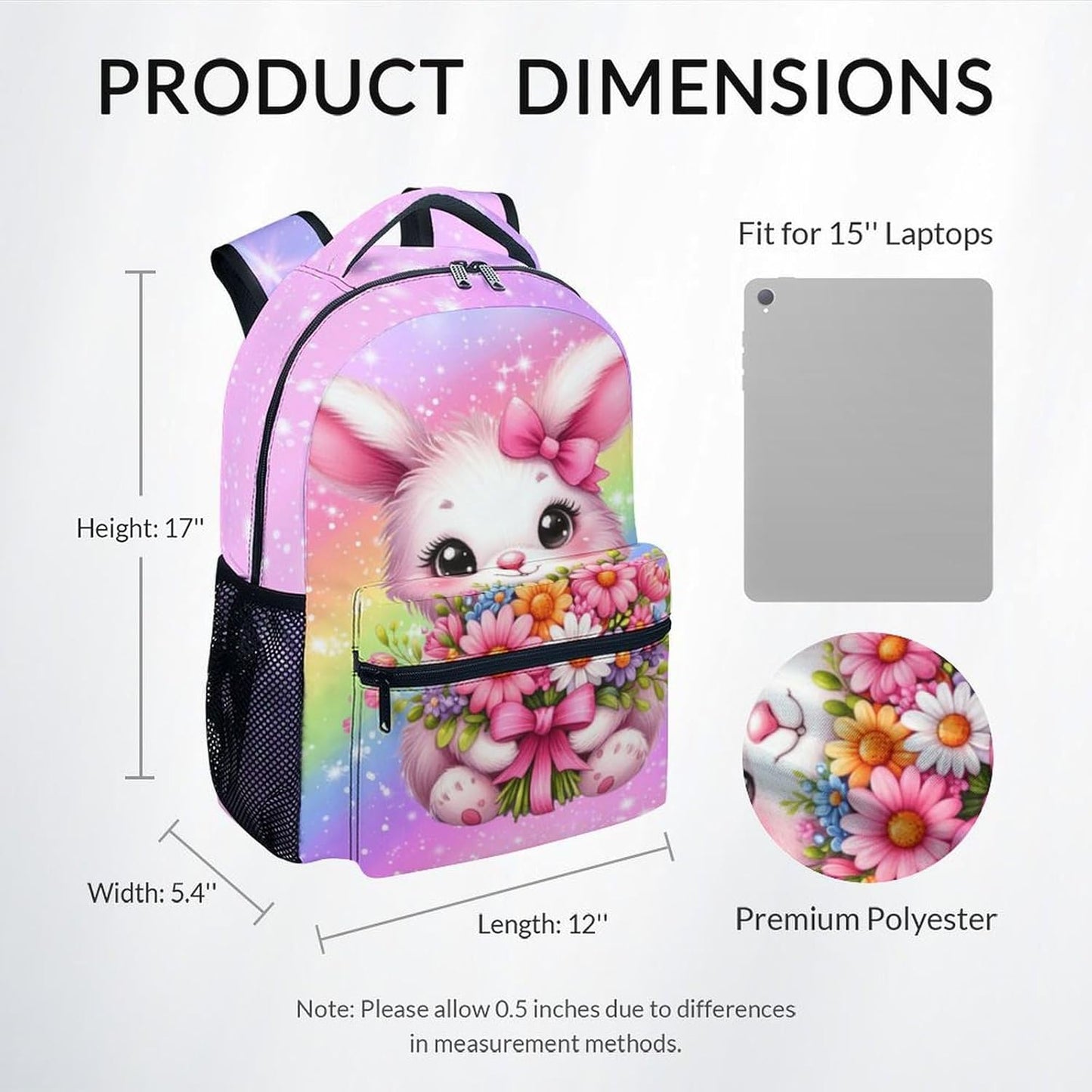 Kids Backpacks for Girls, Bunny Backpack for School, 17" Cute Rainbow Bookbag for Preschool Kindergarte Elementary, Toddler School Bag