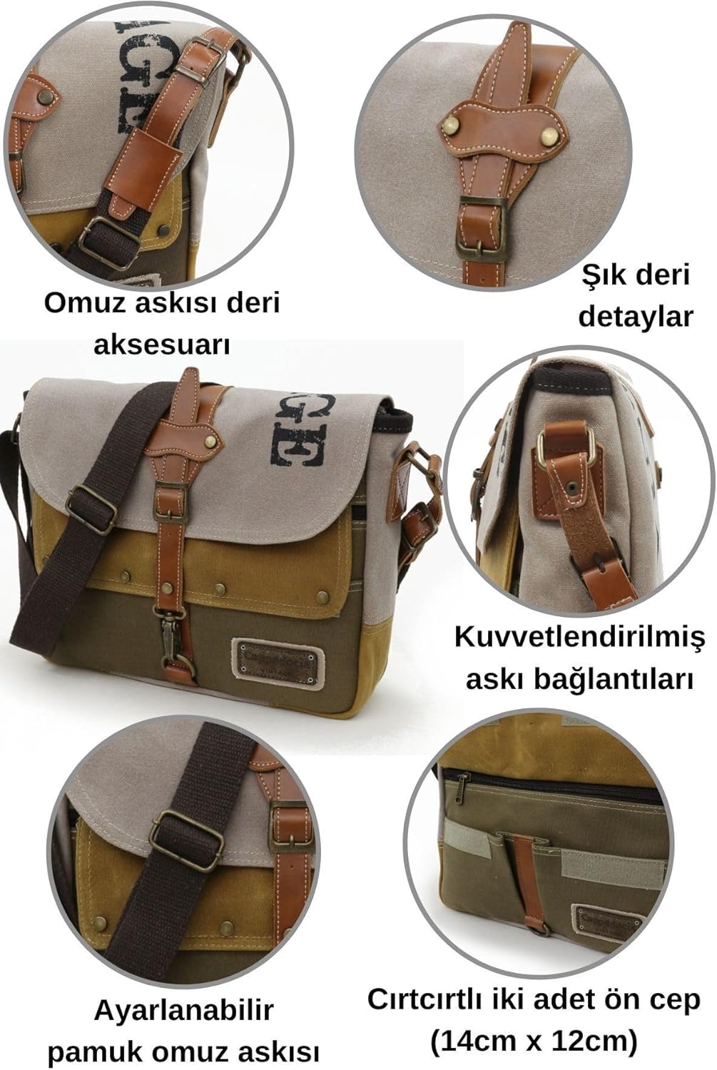 Antiochia 4046 Messenger Bag, Leather Detailed Shoulder Laptop Bag, Unisex Style for Daily, Travel