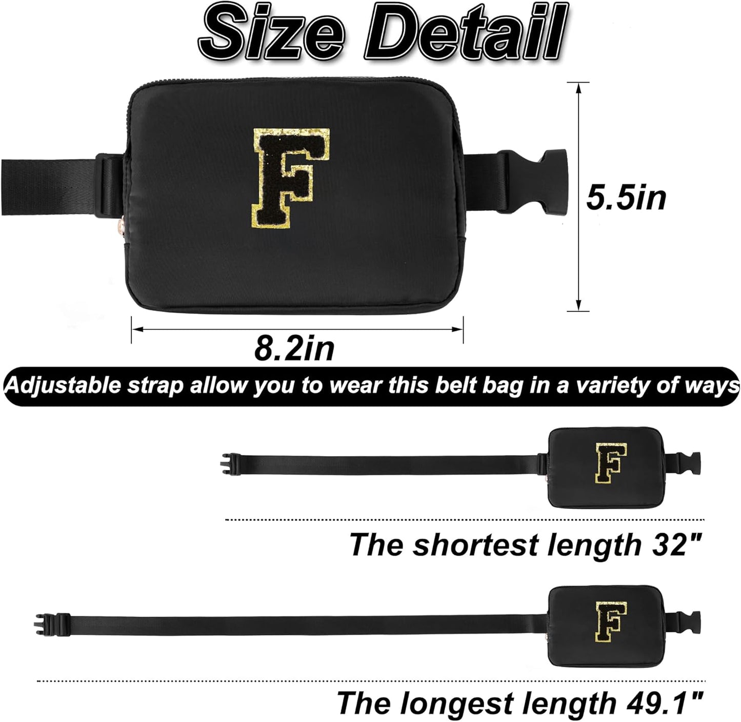 Personalized Belt Bag for Women Girls - Fashion Mini Waist Packs with Adjustable Strap - Trendy Travel Fanny Pack Crossbody Bags with Initial Letter - Teen Gifts | Black,Black F