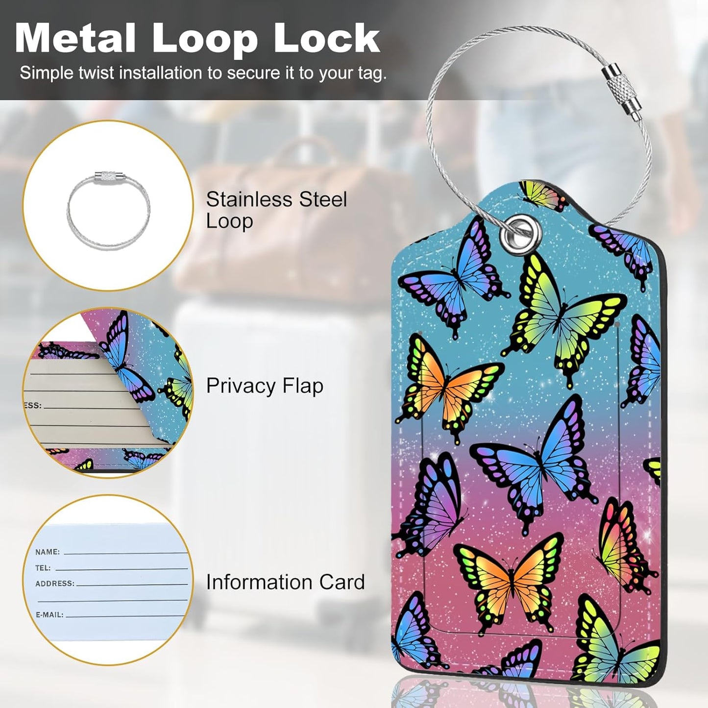 2Pack Luggage Tags for Suitcases, Cute Unique Pu Leather Cruise Luggage Tag with Privacy Cover ID Label Address Card and Metal Ring Suitable for Women Men Kids Travel Bag Colorful Butterflies