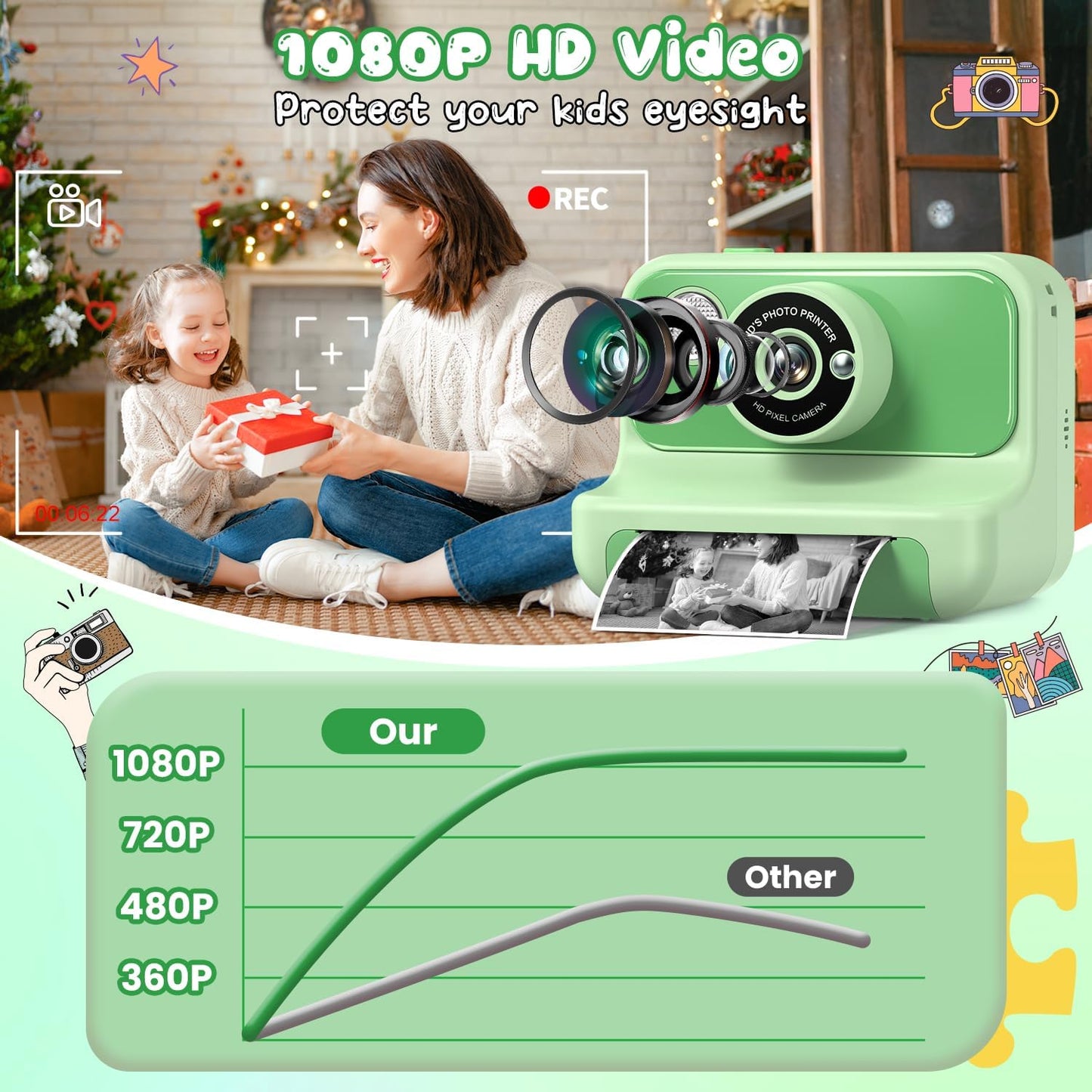 Kids Camera Instant Print, Christmas Birthday Gifts for Girls and Boys, Kids Camera 1080P HD Video Digital Toddler Camera Toy for 3 4 5 6 7 8 9 10 11 12 Years Old
