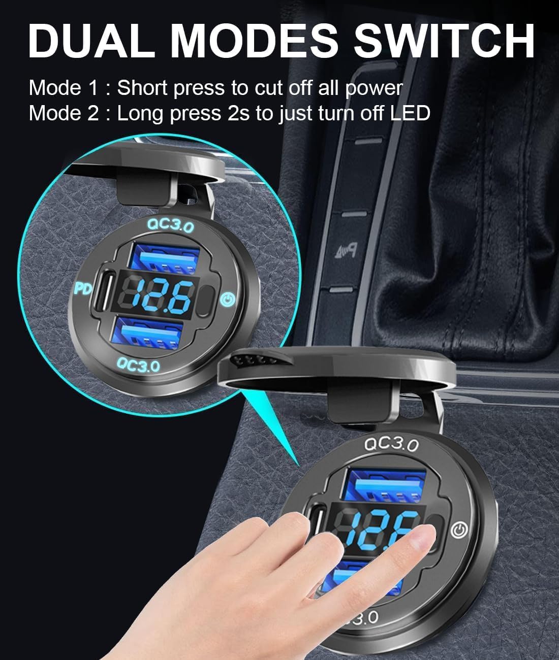 2PCS 78W 3Ports 12V USB Outlet with Voltmeter & Switch - PD3.0 & Dual QC3.0 Quick Charge Car Charger Socket, Aluminum Waterproof USB C Port for Boat Marine Motorcycle RV Truck ATV Golf Cart