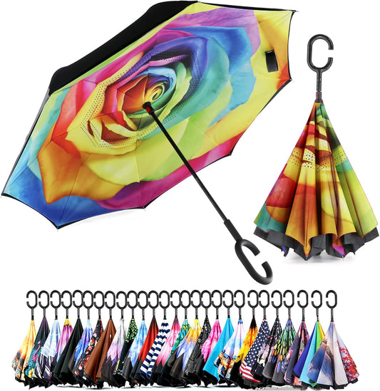 SIEPASA 49/56 Inch Inverted Reverse Upside Down Umbrella, Extra Large Double Canopy Vented Windproof Waterproof Stick Golf Umbrellas with C-shape Handle.