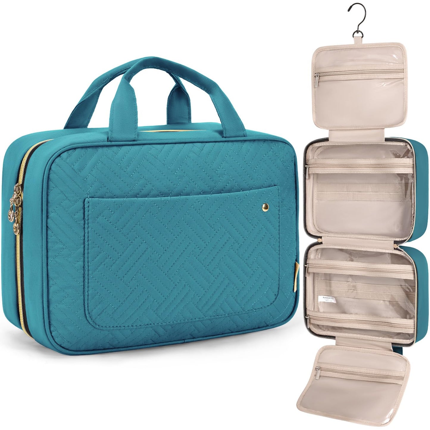 BAGSMART Toiletry Bag Travel Bag with Hanging Hook, Water-resistant Makeup Cosmetic Bag Travel Organizer for Accessories, Shampoo, Full Sized Container, Toiletries，Large-Teal