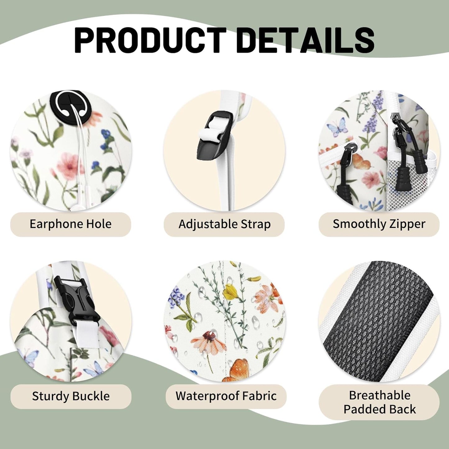 Beige Watercolor Floral Sling Bag Crossbody Chest Bag for Women Men, Water Resistant Lightweight Casual Crossbody Bag with Adjustable Strap, Travel Hiking Daypack Shoulder Backpack