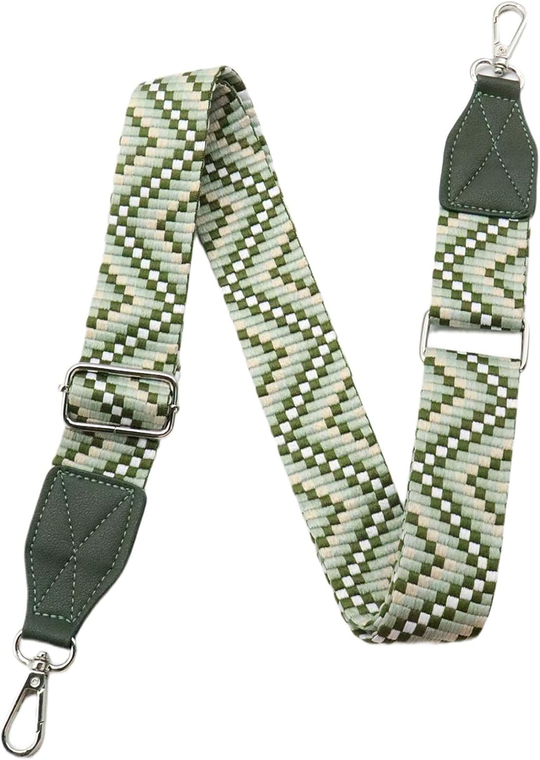 Adjustable Purse Strap with Green Leather End - 1.5" Wide Handbags, Camera, Guitar, Phone & Crossbody Bag Replacement Shoulder Straps(Silver Hardware)