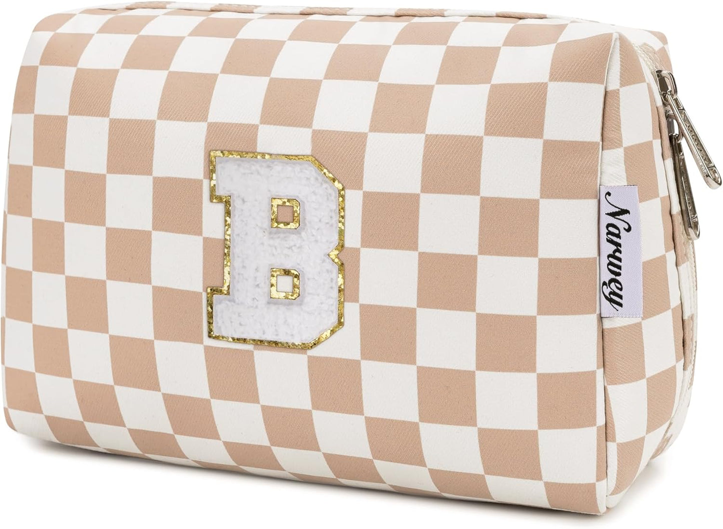 Narwey Birthday Gifts for Women Teen Girls Kids Personalized Initial Checkered Makeup Bag Cute