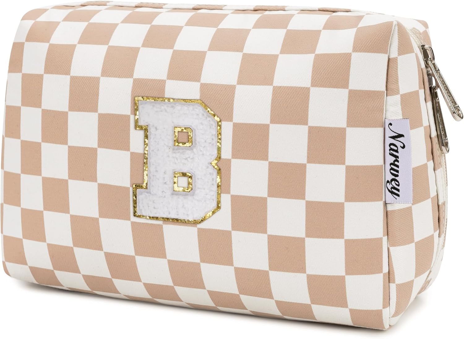Narwey Birthday Gifts for Women Teen Girls Kids Personalized Initial Checkered Makeup Bag Cute