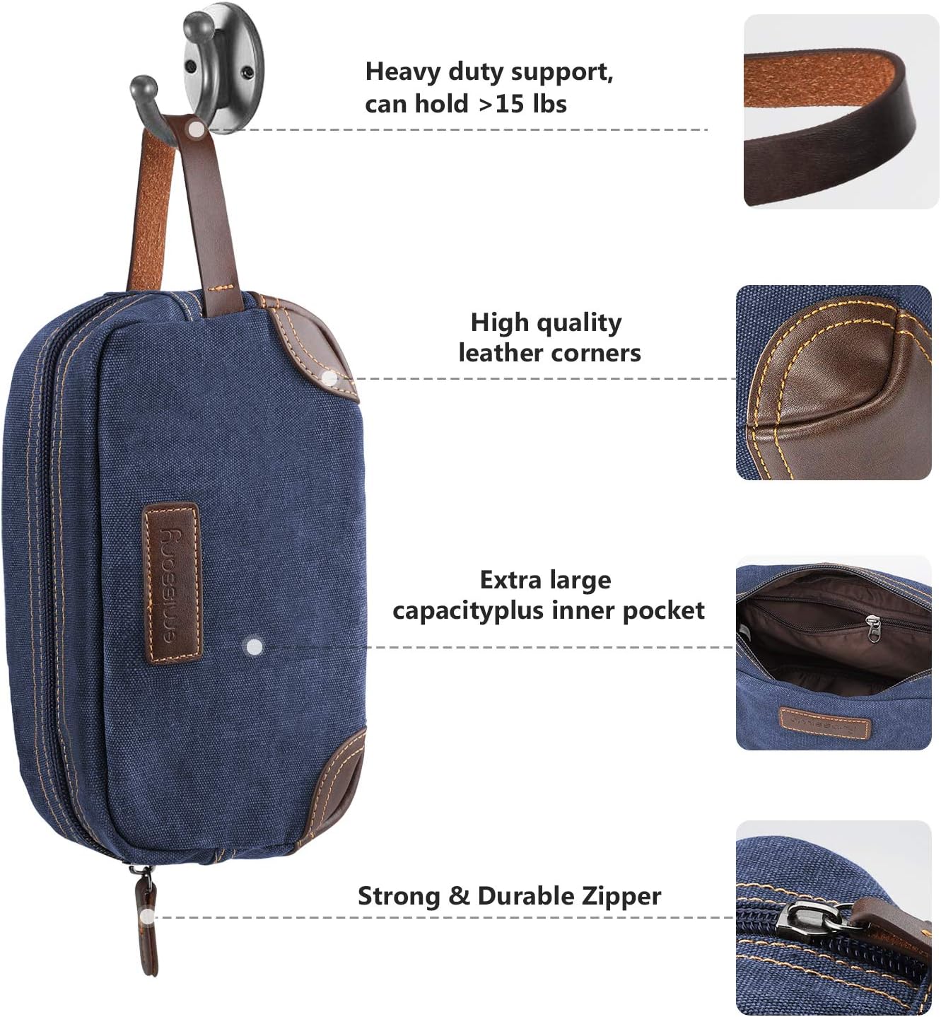 emissary Men's Toiletry Bag, Leather and Canvas Travel Toiletry Bag, Dopp Kit for Men, Travel Bathroom Bag Men's Shaving Kit, Travel Kit Small Bags for Men, Shaving Bag for Travel Accessories (Blue)