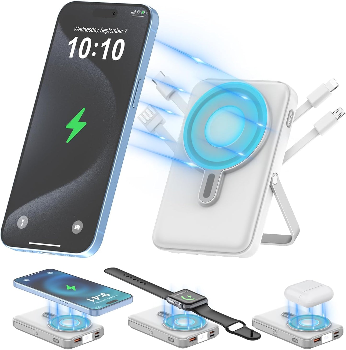 Wireless Portable Charger 10000mAh,3-in-1 Magnetic Power Bank with Built-in Cables LED Display,22.5W Fast Charging Mag-Safe Battery Pack for iPhone 15/14/13/12, Apple Watch Series, Airpods (White)