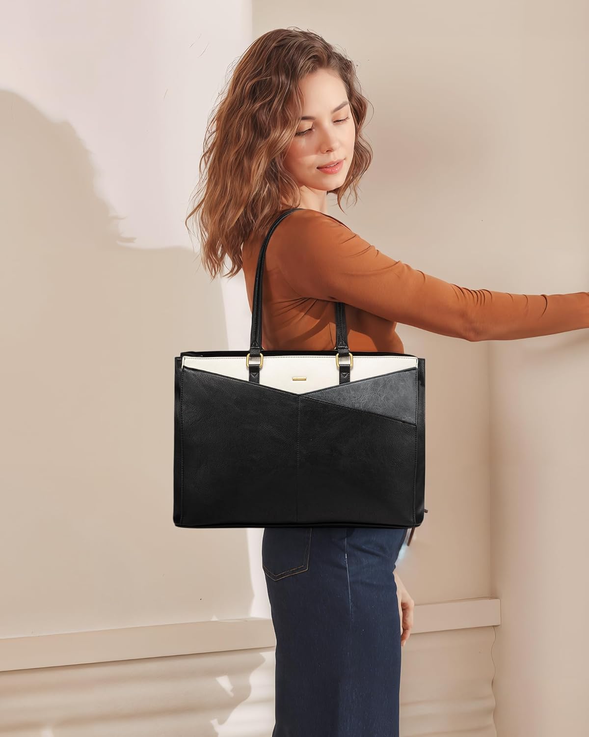 LOVEVOOK Women's Vintage Leather Work Tote, 15.6 Inch Laptop Bag - Waterproof Business Bag, Black & White & Gray