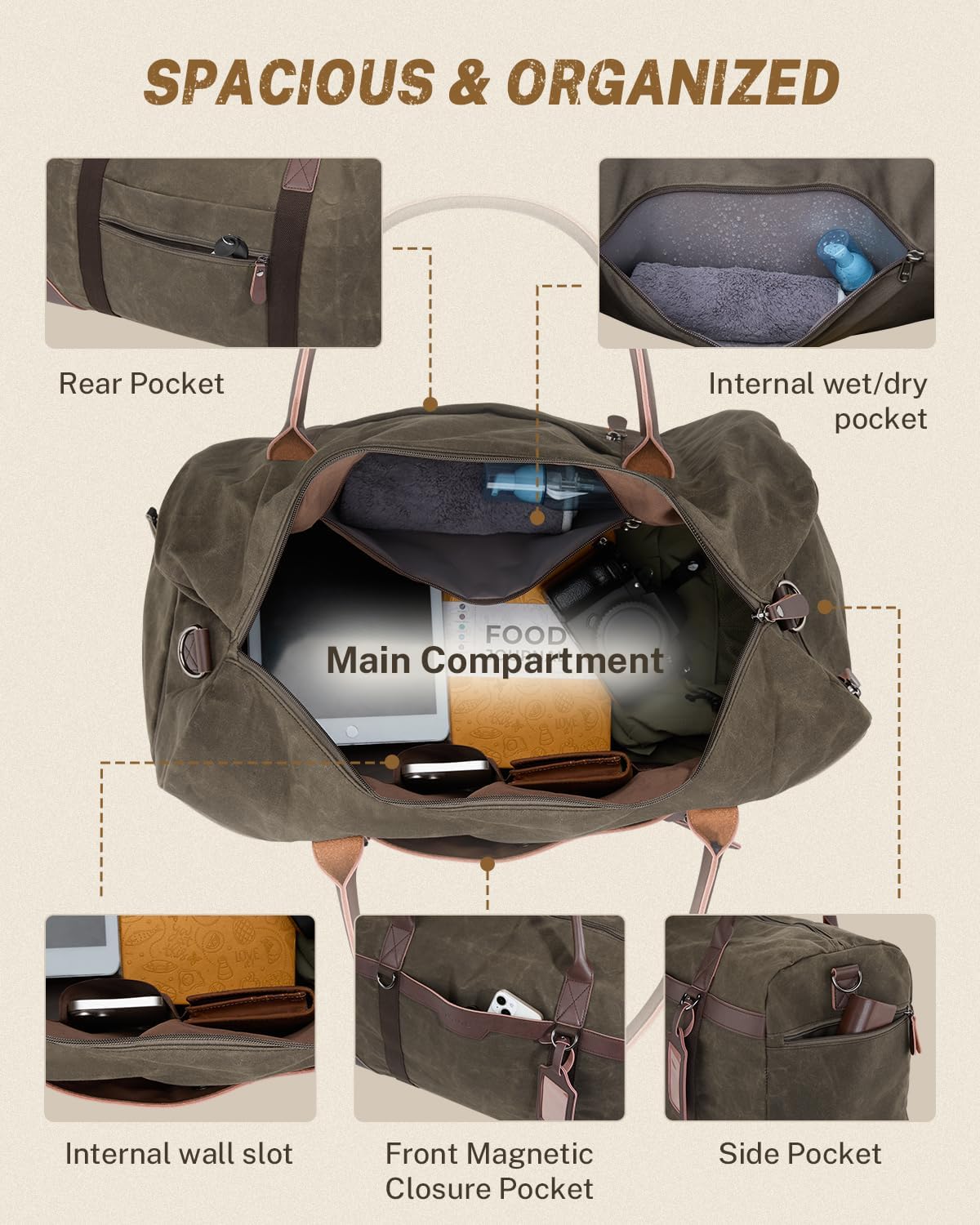 Gonex Waxed Canvas Duffle Bag for Travel, Water-resistant Vintage 55L Duffel Weekender with Shoes