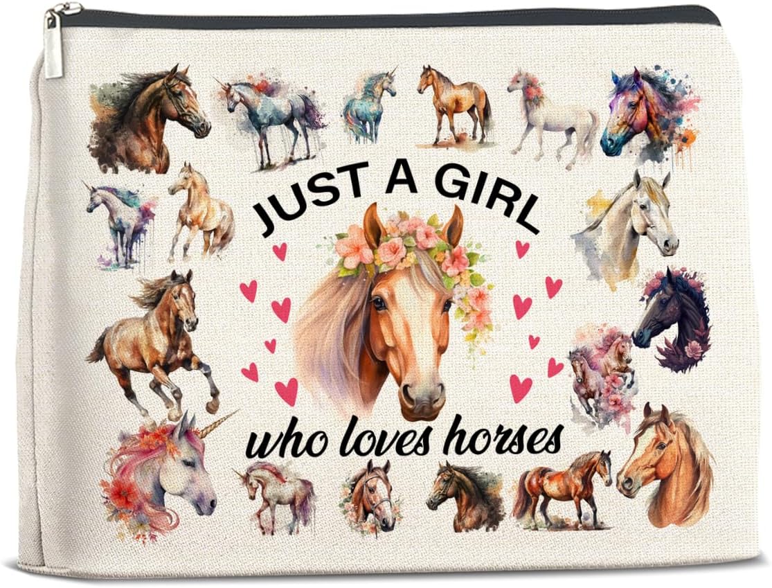 Horses Gifts Makeup Bag Funny Horse Lover Gifts for Girl Women Cowgirl Cosmetic Bag Just a Girl Who Loves Horses Zipper Makeup Pouch Gift