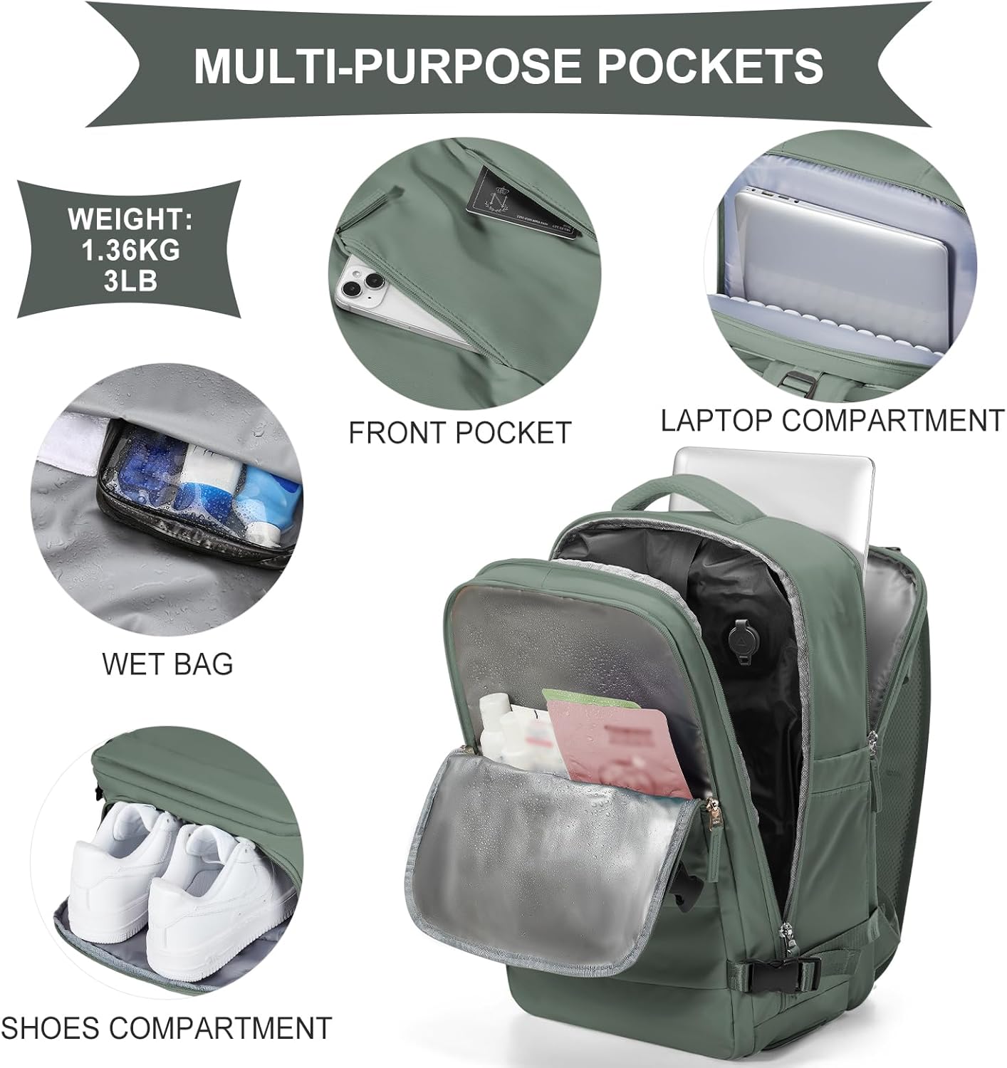 coowoz Vacuum Backpack Travel with Pump,Travel Backpack with Vacuum System Women Men,Carry On Backpack,Hiking Backpack Waterproof Outdoor Sports Rucksack Casual Daypack,30L(Vacuum pump),Olive Green