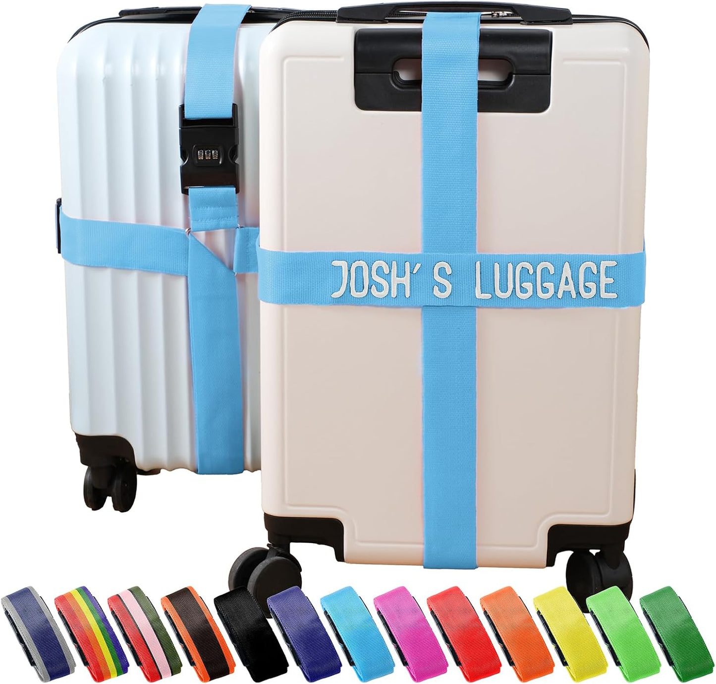 Personalized Luggage Straps with Embroidered Names/Letters - Premium Quality, Anti-Slip & Adjustable - 13 Colors, Stainless Steel 3-Digit Lock, Fits All Suitcases