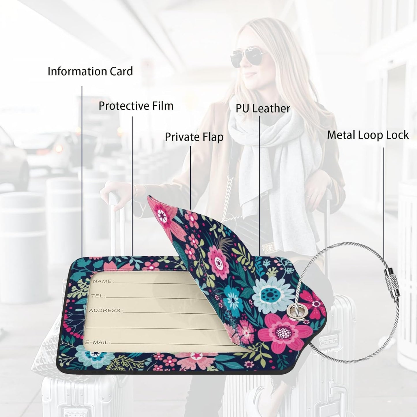 2 Pack Flower Pink Floral Luggage Tags Travel PU Cute Leather Luggage Tag Name ID Labels with Privacy Cover Suitcases Women Men Girls Boys Fun Laggage Tags (Beautiful Flower)