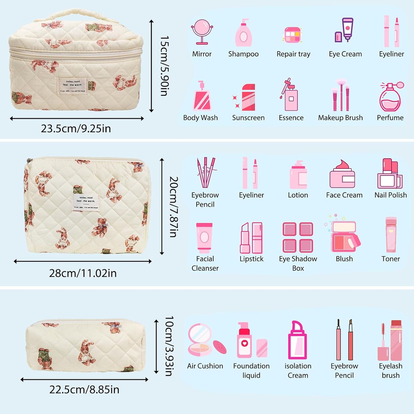 Quilted Makeup Bag, Large Capacity Travel Cosmetic Bag for Women and Girls, Aesthetic Storage for Daily and Travel Use (3pcs-Littlebear)