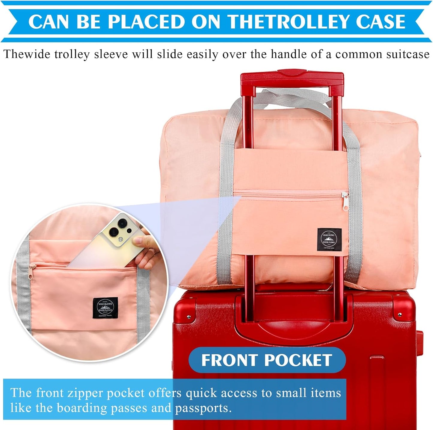 Foldable Travel Duffel Bag 2PCS Tote Carry on Luggage Bag Spirit Airlines Personal item Sports Gym Bag Water Resistant Weekender Overnight Bags for Women and Men (Pink+Blue)