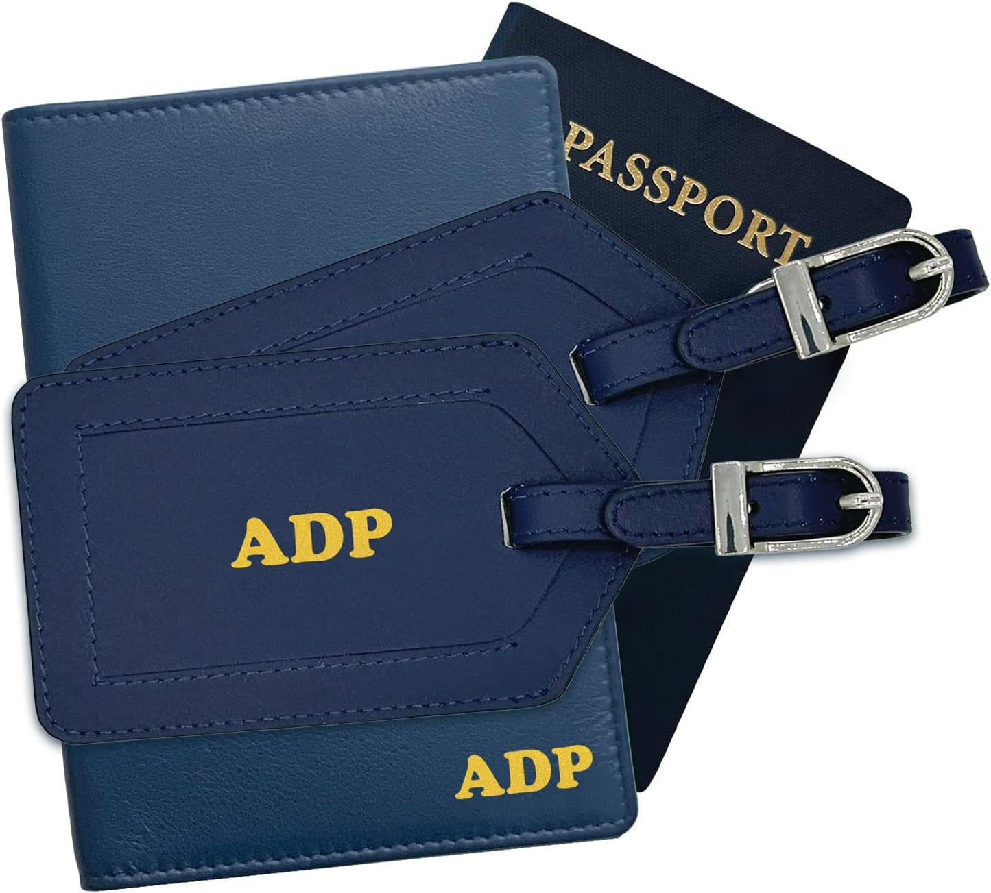 Personalized Monogrammed Navy Leather RFID Passport Wallet and 2 Luggage Tags