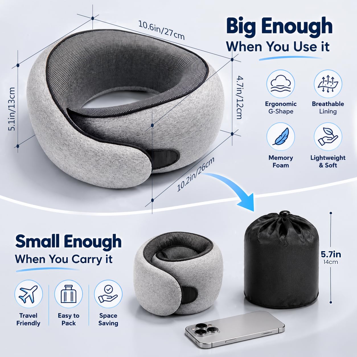 Purroch G-Shape Memory Foam Travel Neck Pillow, Medium Gray