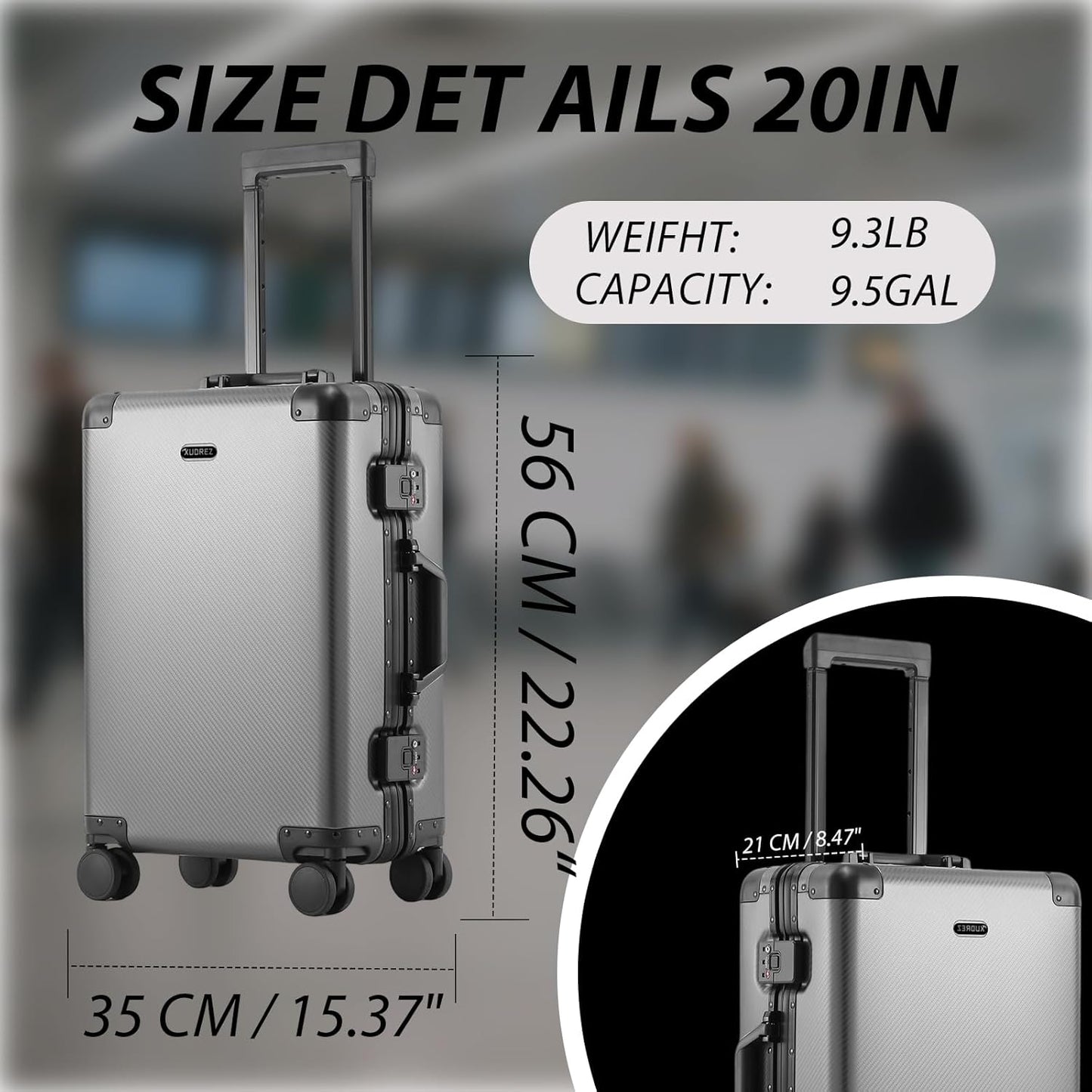 Tmore Aluminum Frame Luggage with No Need to Check in, Hardside Suitcase with Spinner Wheels, Metal Travel Luggage with Double Tsa Locks, 20 Inch, Gray Small