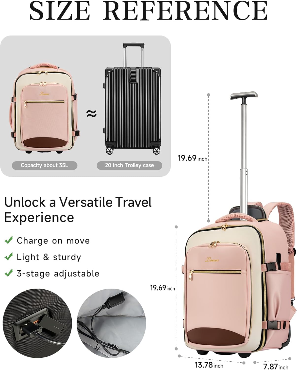 Carry On Backpack with Wheels for Adults, Airline Approved Rolling Backpack for Women, Foldable Bottom Travel Laptop Backpack (Pink)