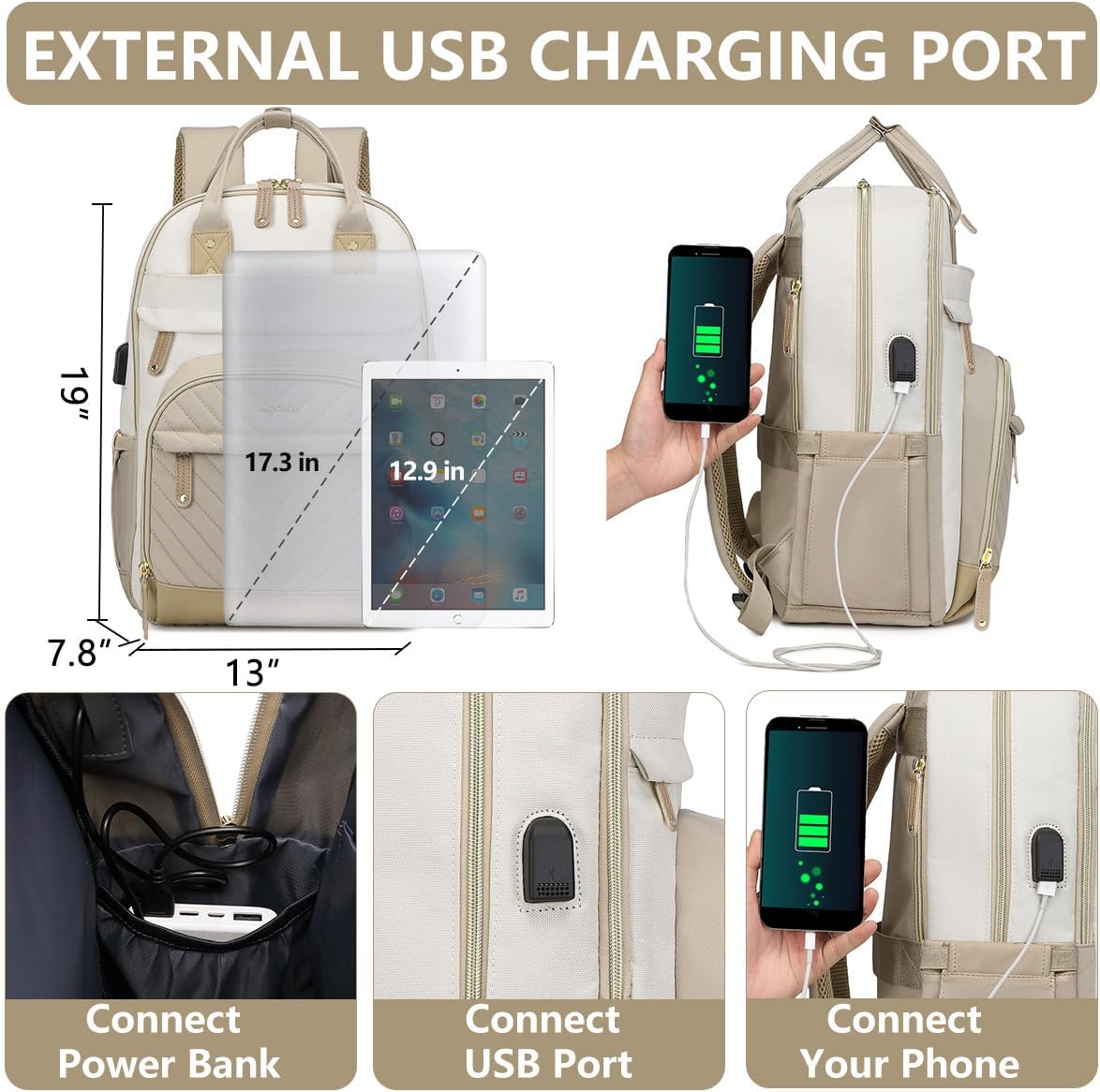 Backpack for Women Laptop Bag: Work Travel Backpacks Fits 17 inch Computer Waterproof College Bookbag with USB Charger Anti-theft Business Casual Backpack Purse for Nurse Teacher Beige Khaki