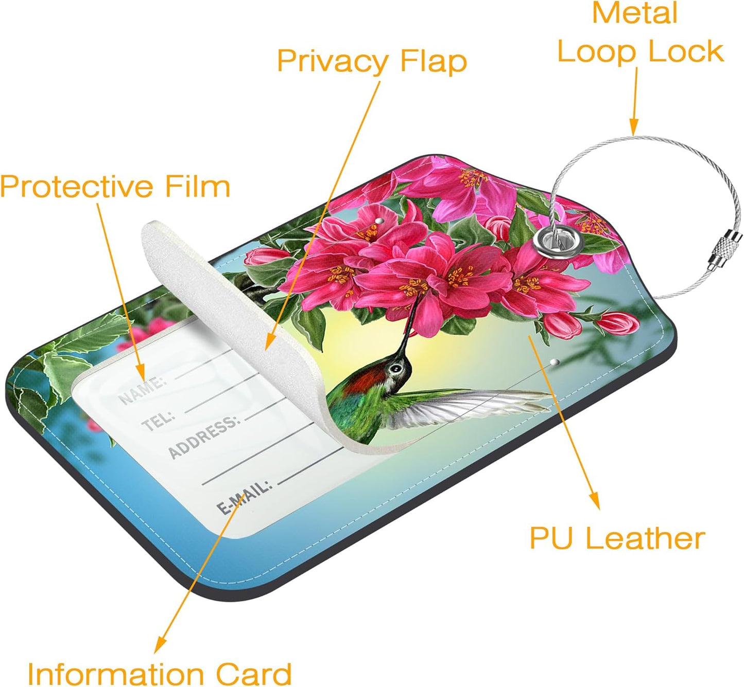 3 Pack PU Leather Luggage Tag for Suitcase Hummingbird with Hibiscus Suitcase Tags with Privacy Name ID Label and Stainless Steel Loop for Travel Bag