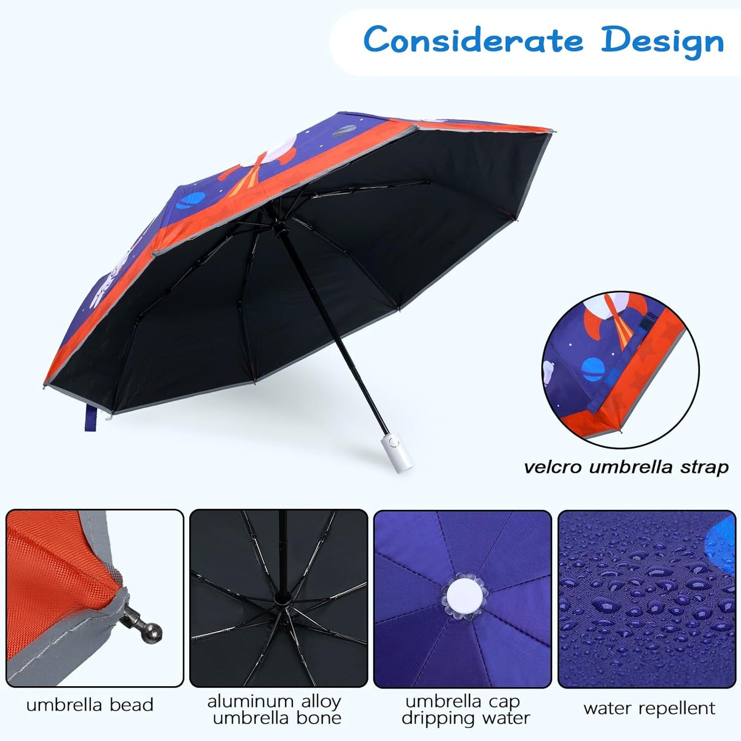 Kids Folding Umbrella Auto Open/Close Anti-rebound Safe Design UV Resistant Automatic Children Travel Umbrellas 8 Rib Reinforced Canopy 360° Reflective Strip Lightweight Cute Umbrella for Girls & Boys