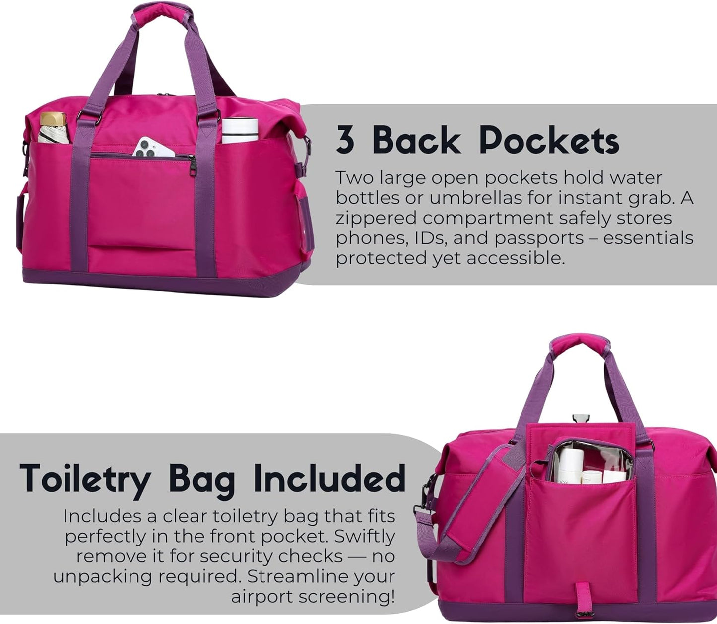 SUNNY BIRD Duffel with Utility Pouch, 40L Weekender Overnight Bag with Shoe Compartment for Travel and Sports (Purple)