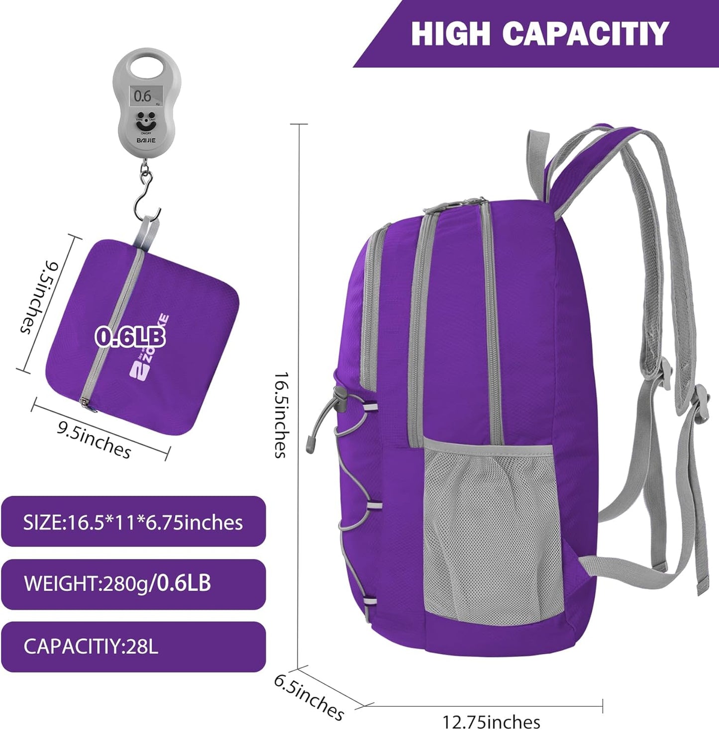 ZOMAKE Lightweight Packable Backpack 28L, Foldable Backpacks Water Resistant Collapsible Day Bag