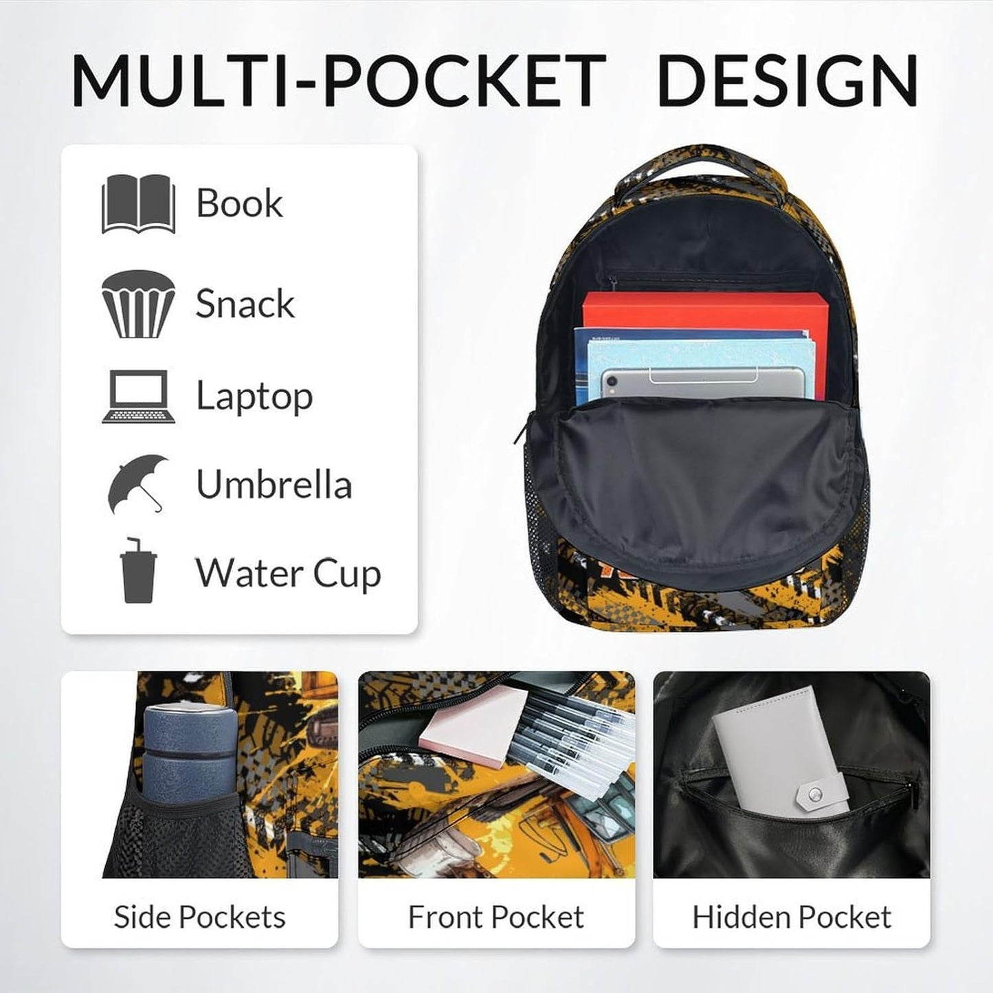 Mercuryelf Kids Backpack with Lunch Box - 17 Inch Custom Excavator Backpack Set for School, Travel - 3 in 1 Cool Bookbag for Boys
