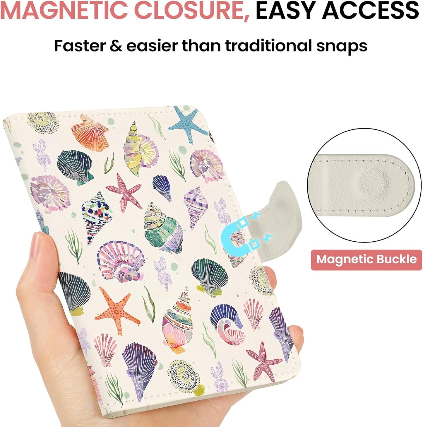 Passport Holder for Travel Essentials, RFID Blocking Leather Cover Wallet with Magnetic Closure, Aesthetic & Cute Passport Book Case for Women and Men - Seashell